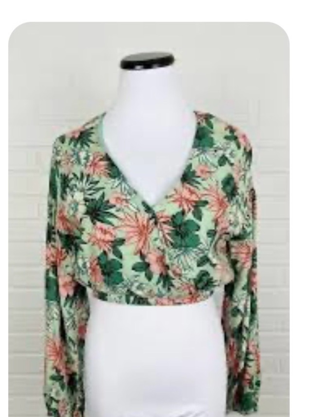 Lost + Wander Boho Green Pink Floral Crop Long Sleeve Top Festival Blouse Medium